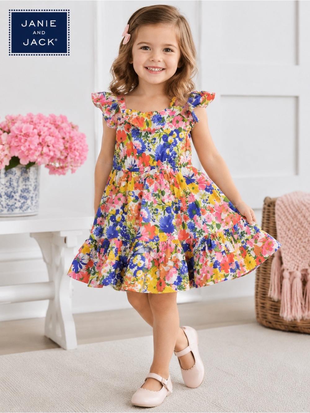 Janie and Jack Floral Ruffle Tiered Sundress - Pink, Yellow, Blue, Green, Cream